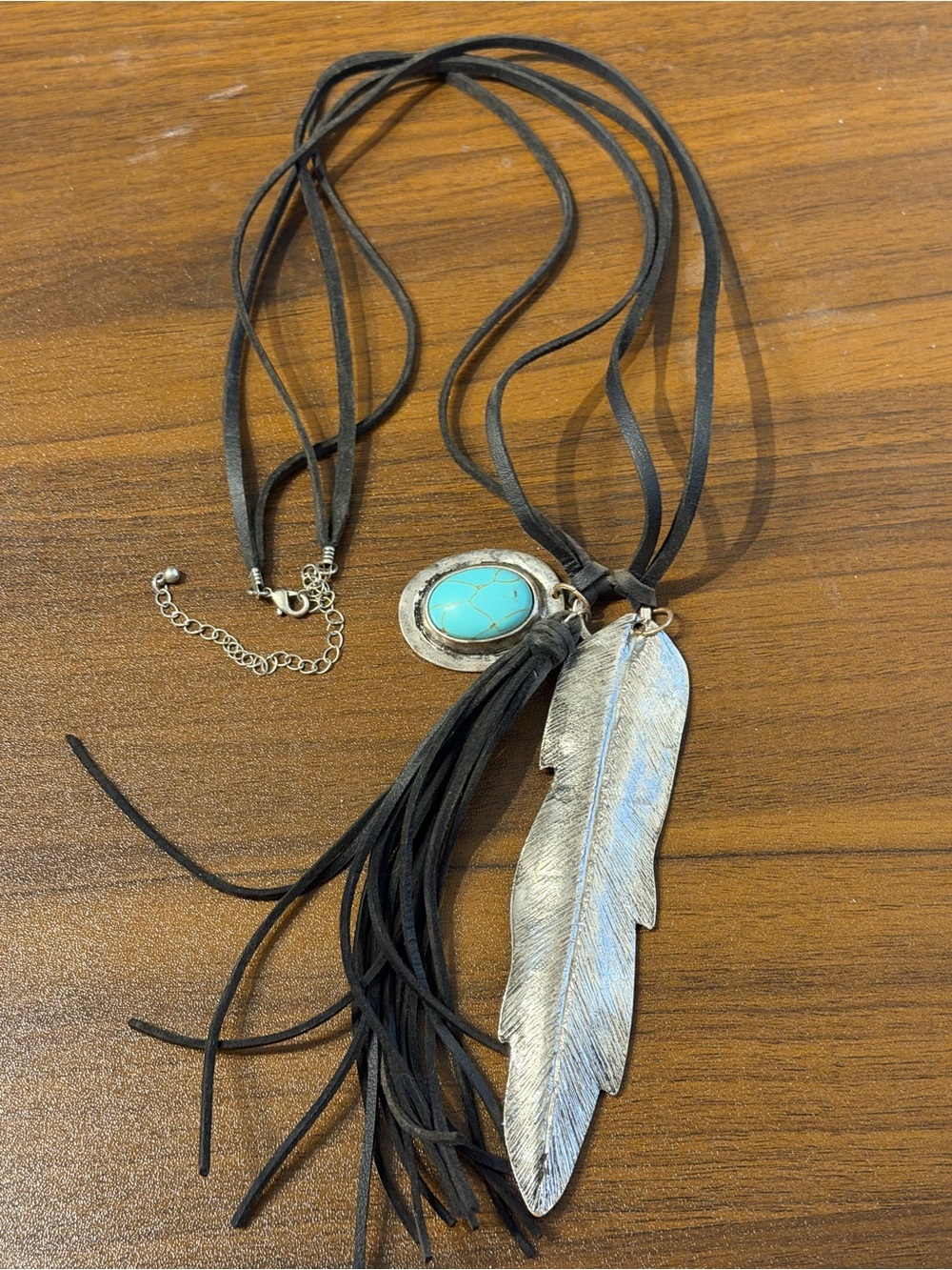 Turquoise Stone & Silver Feather Fringe Necklace - Black Cord